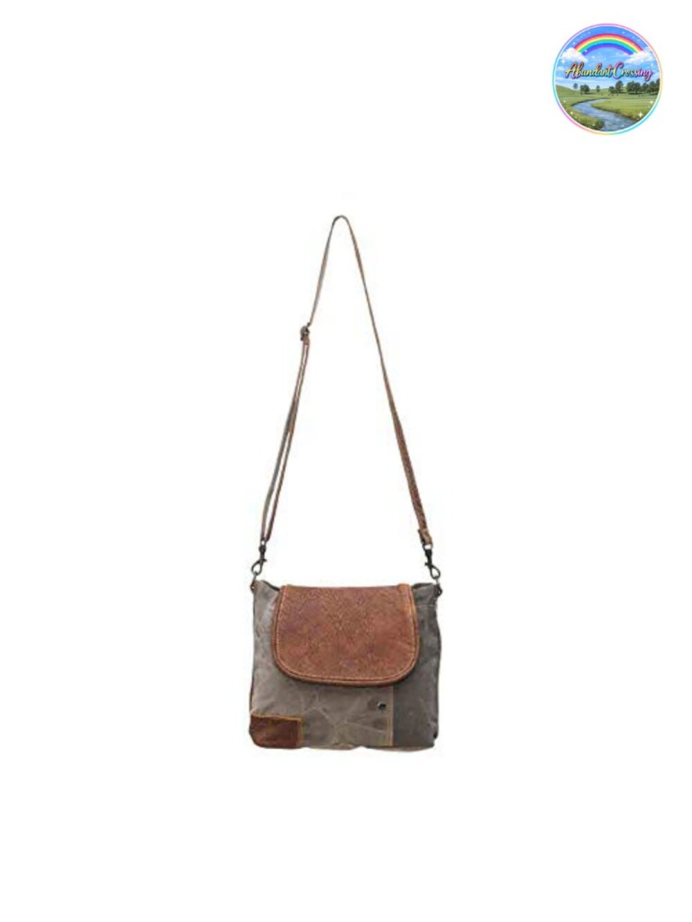 Upcycled Canvas Genuine Leather Crossbody Bag Flap-Over Shoulder Bag